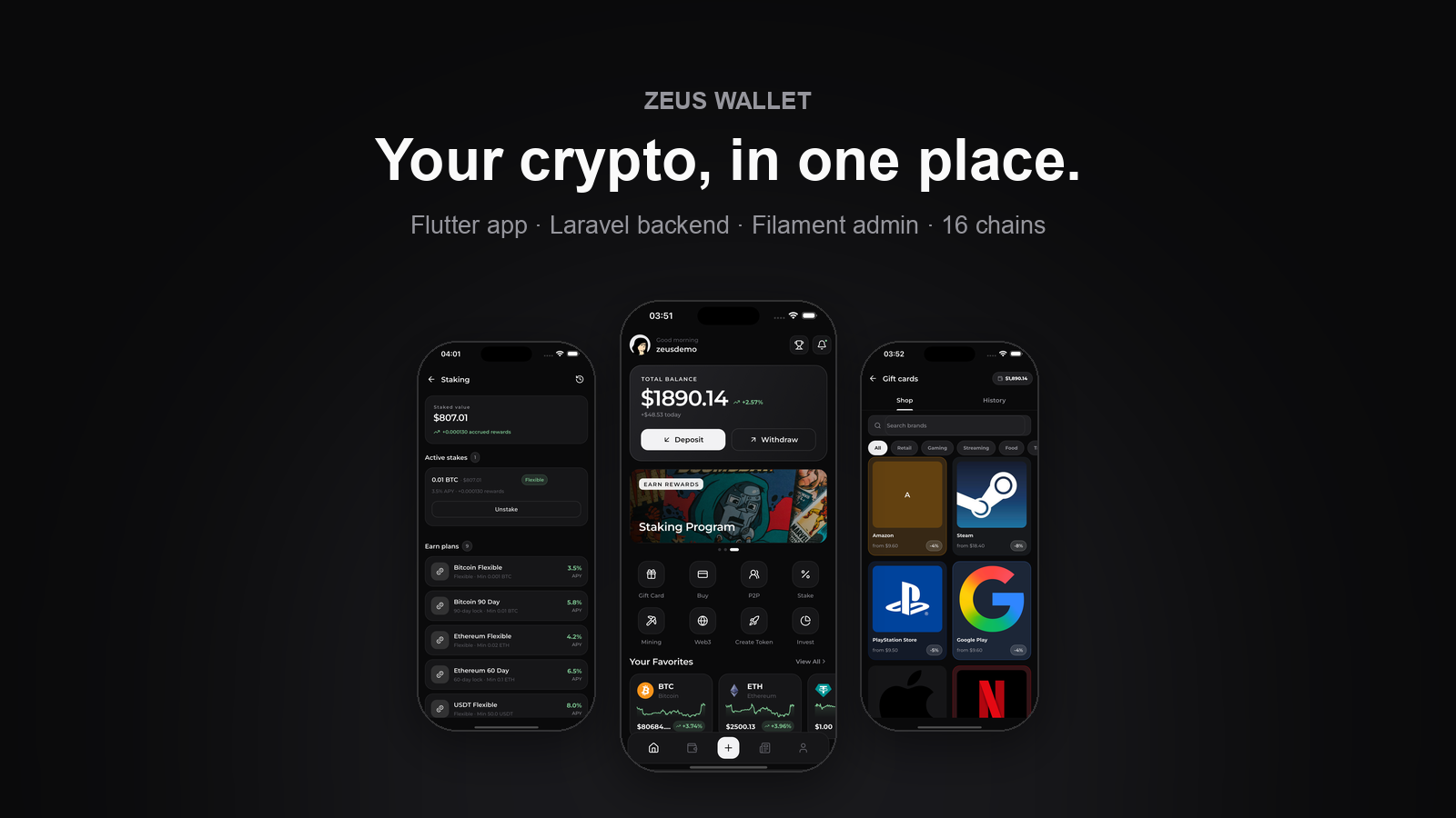 Zeus Wallet — multi-chain crypto wallet app with Laravel admin