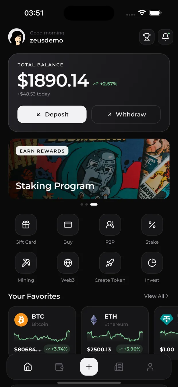 Zeus Wallet — Home dashboard