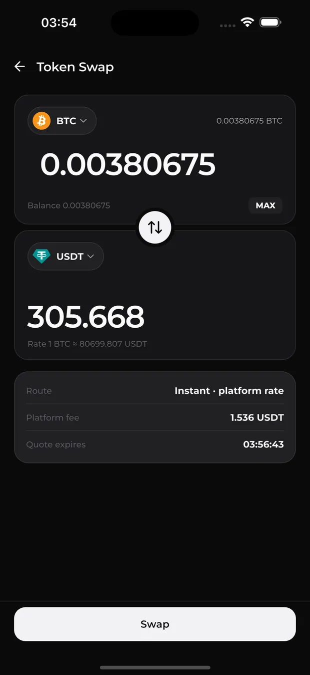 Zeus Wallet — Instant swap