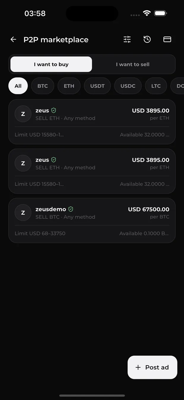 Zeus Wallet — P2p marketplace